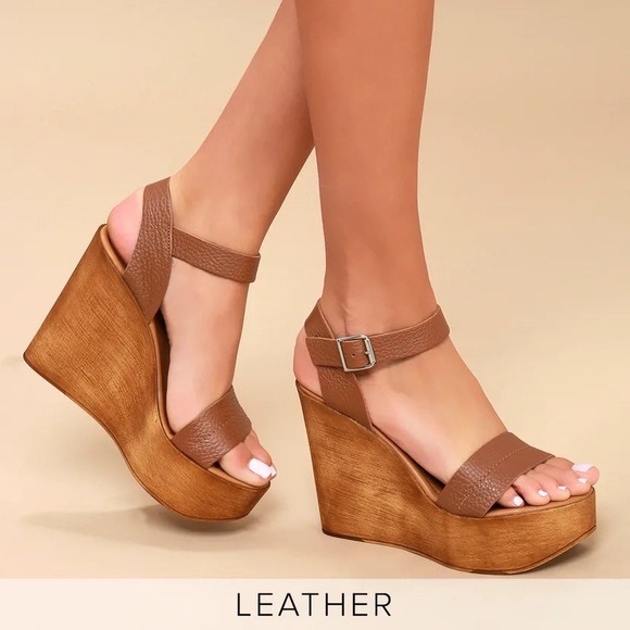 Steve Madden 6.5 / 37 Belma Tan Leather Wood Wedge platform sandal cognac brown - Picture 5 of 15